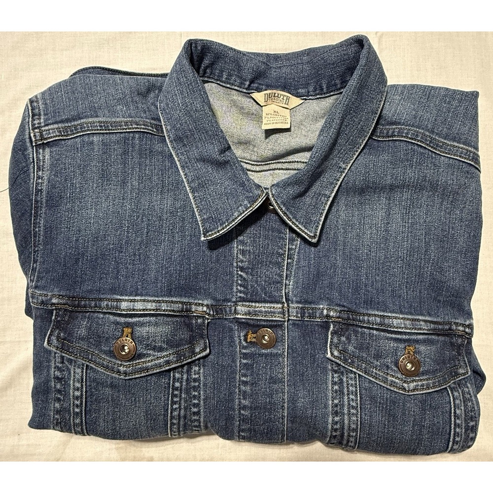 Duluth Trading Co Denim Jacket Womens XL Blue Stretch Trucker Jean Coat Workwear